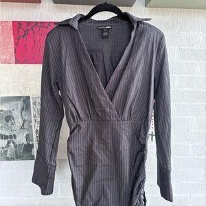 Fashion Nova Gray Pinstripe Long-Sleeve Wrap Dress